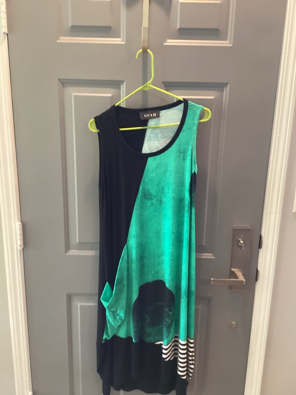 Ozai N Ku Green/Turquoise and Black Sleeveless Asymmetric Tank Dress